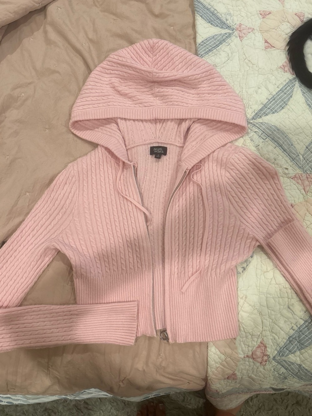 PacSun Light Pink Hooded Zip Cable-Knit Cardigan